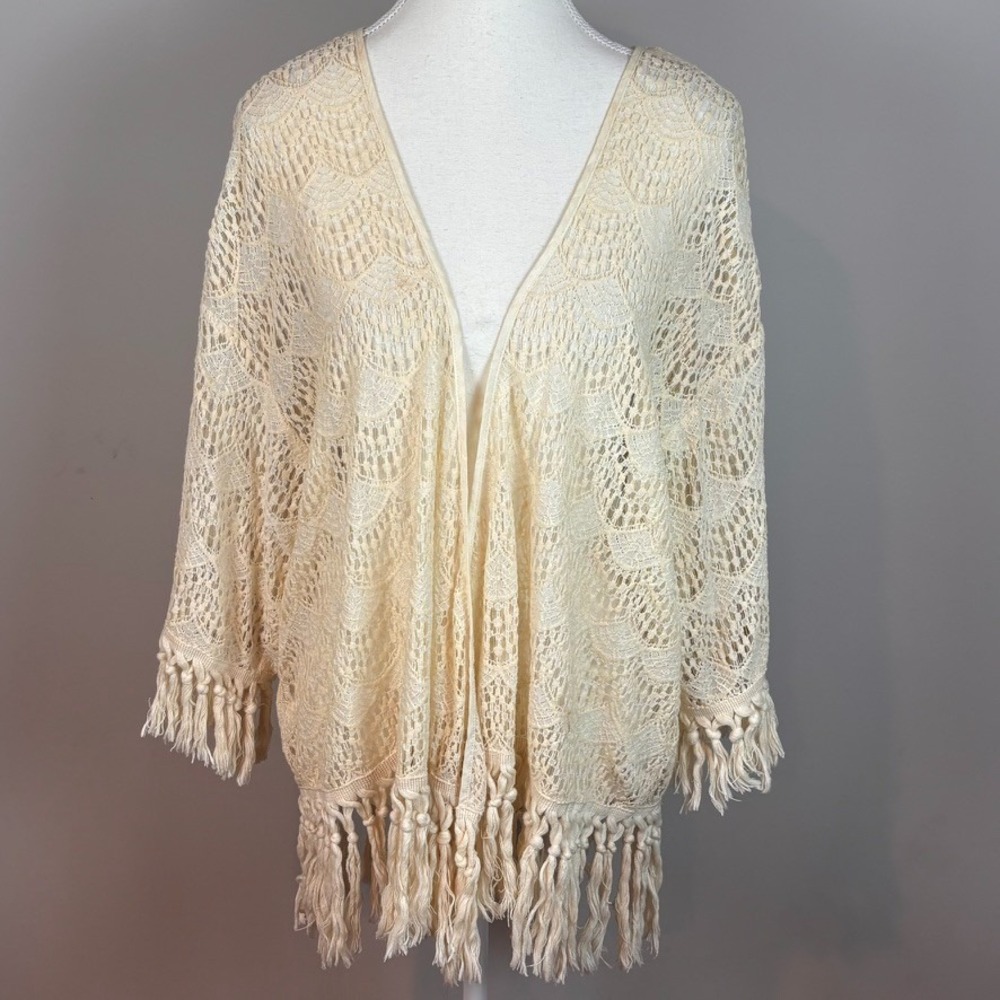 Forever 21 Womens Beige Open Knit Crochet Fringe Cardigan sz Large Boho Festival